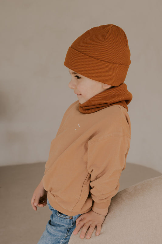 Kinder Beanie mit Rippstruktur - Karamell